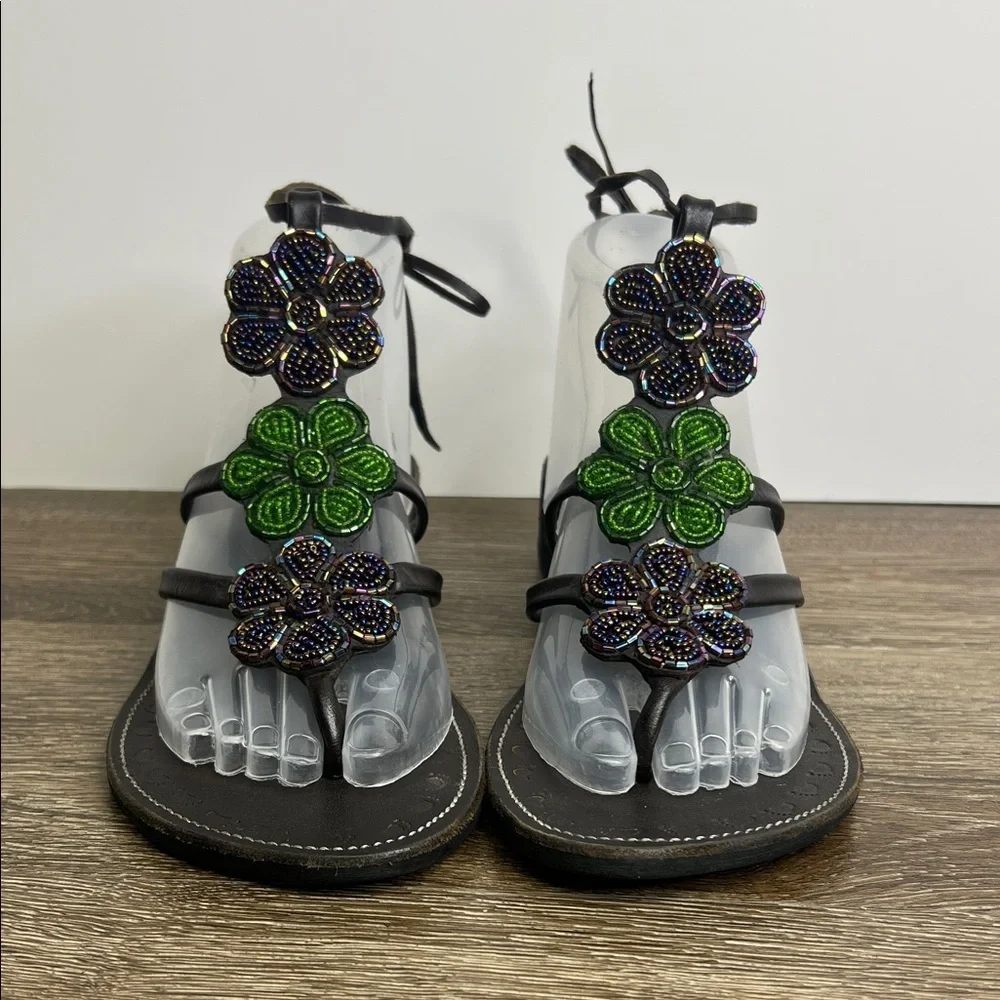 AZU’S Beaded Floral Leather Lace-Up Sandals – Size 38 (US 7)